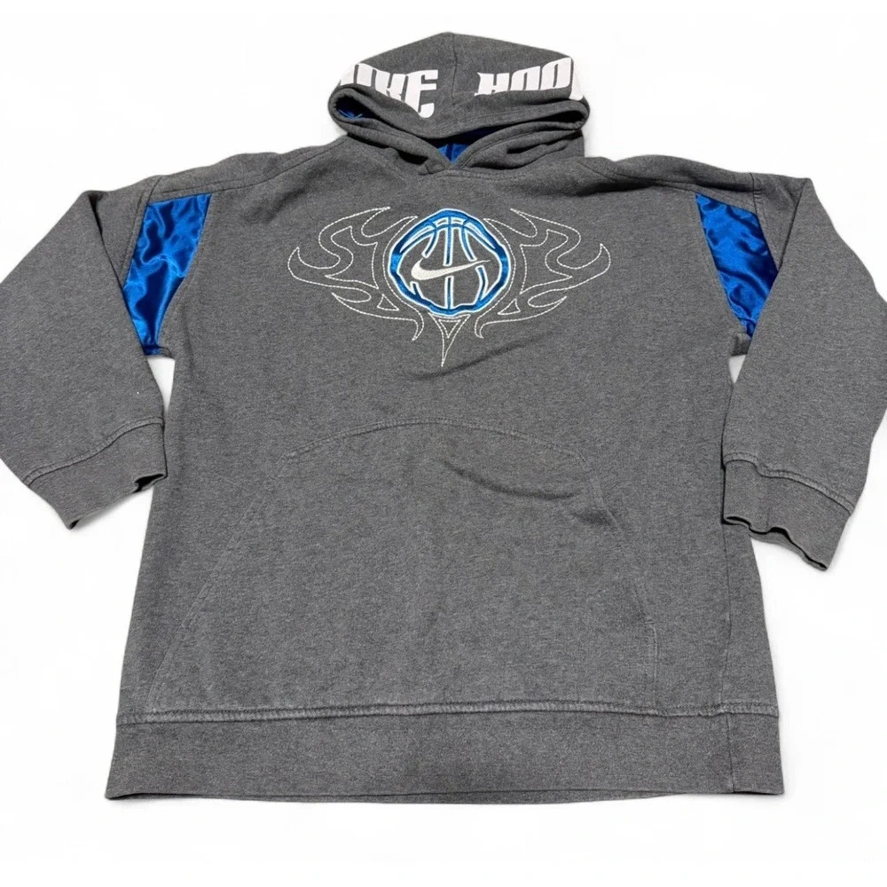 Nike Basketball Hoodie Youth XL Gray Blue Spell‎ Out Hood Sweatshirt Y2K